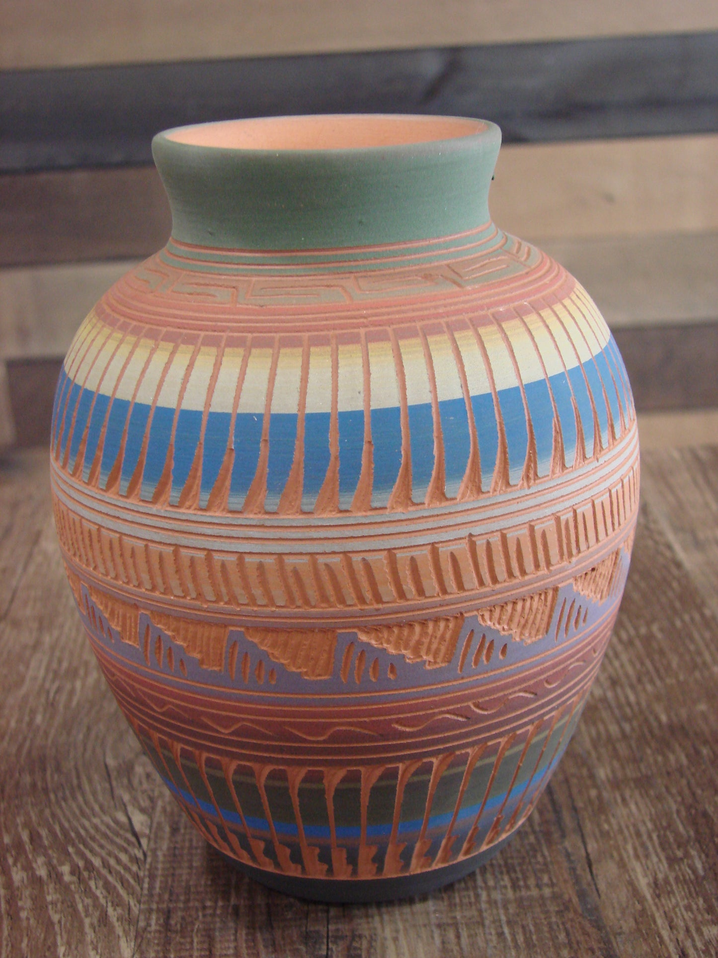 Native American Navajo Indian Hand Etched & Hand Painted Pottery - M. Charlie