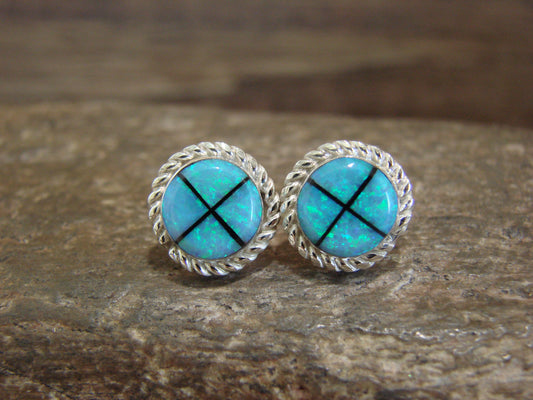 Zuni Indian Sterling Silver Blue Opal Inlay Post Earrings by Luarkie