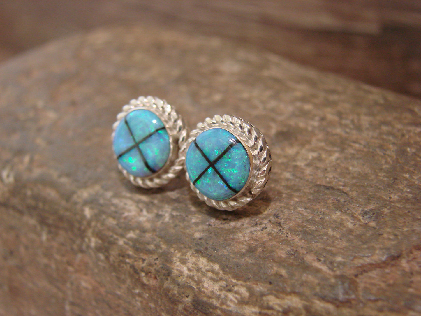 Zuni Indian Sterling Silver Blue Opal Inlay Post Earrings by Luarkie