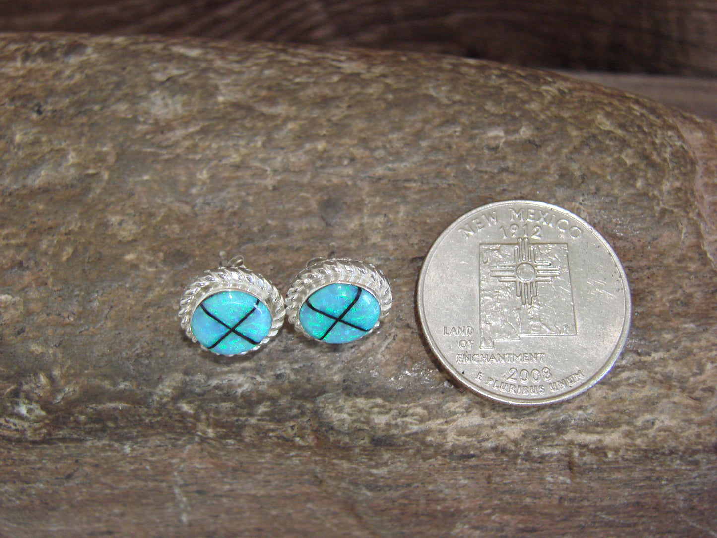 Zuni Indian Sterling Silver Blue Opal Inlay Post Earrings by Luarkie