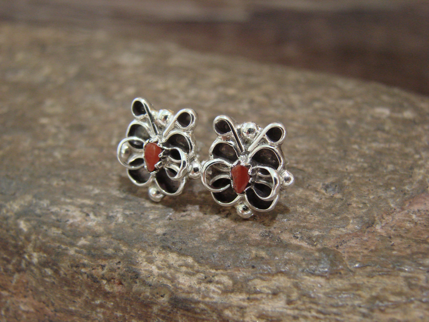 Native American Sterling Silver & Coral Butterfly Post Earrings by Waseta