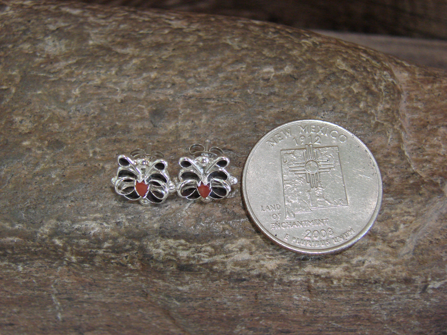 Native American Sterling Silver & Coral Butterfly Post Earrings by Waseta
