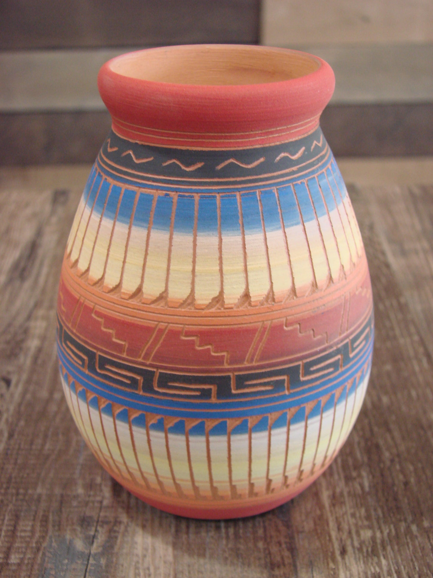 Native American Navajo Indian Hand Etched & Hand Painted Pottery - M. Charlie