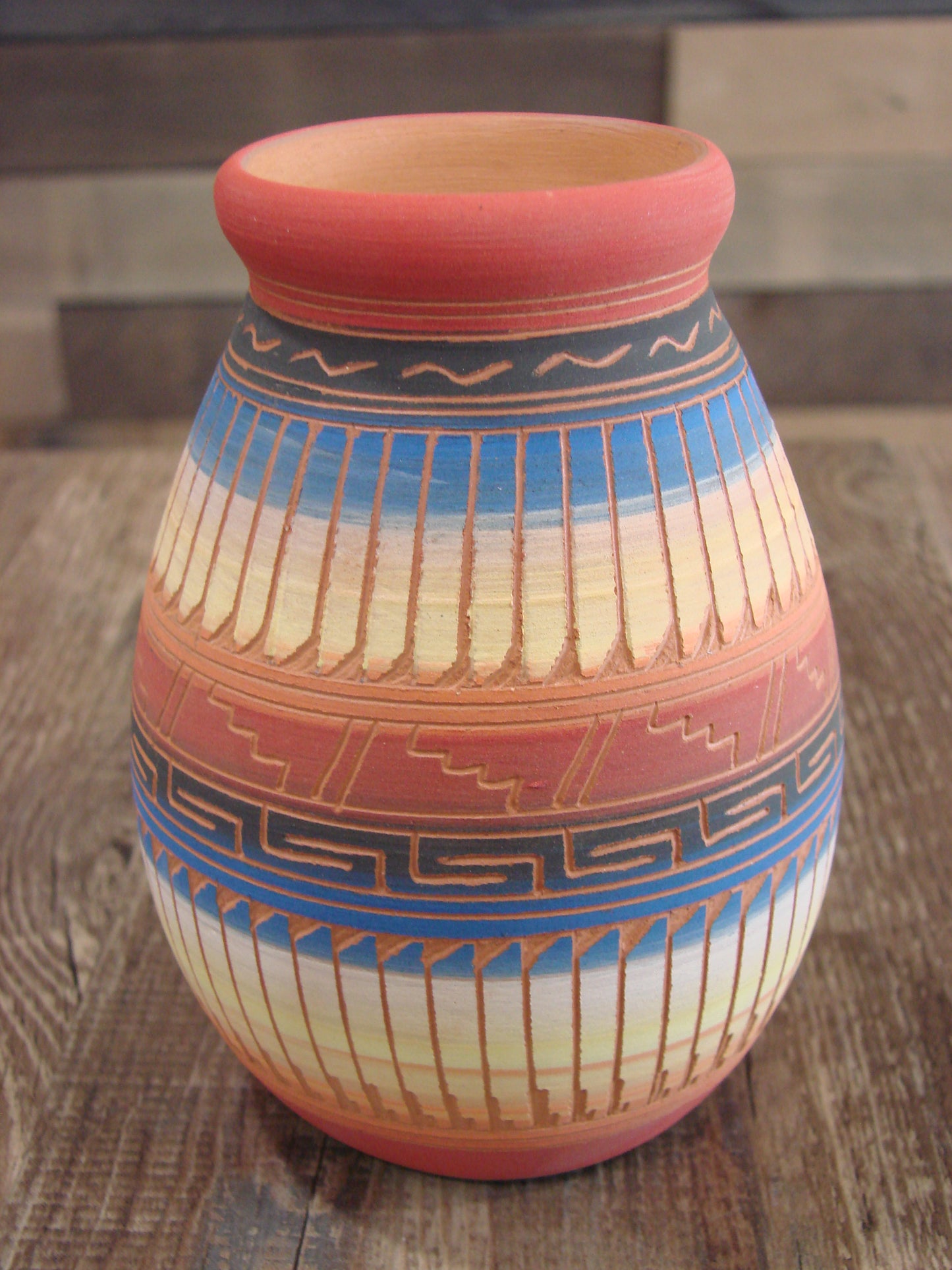 Native American Navajo Indian Hand Etched & Hand Painted Pottery - M. Charlie