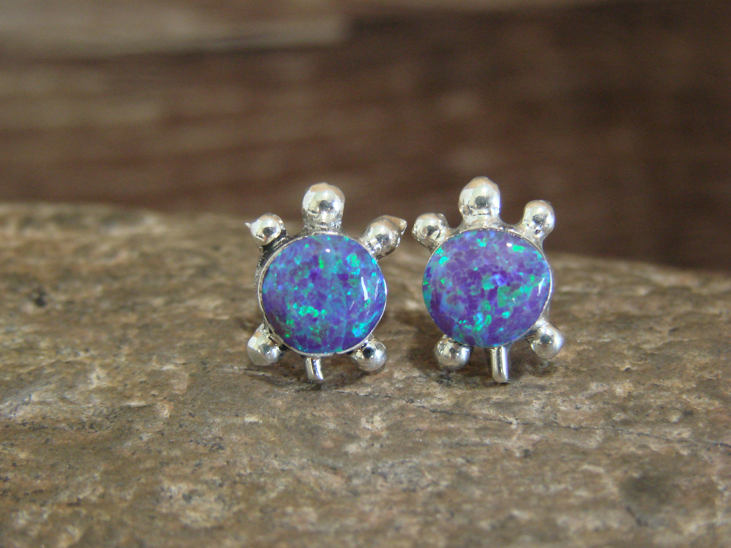 Native American Sterling Silver & Purple Opal Turtle Post Earrings by Siow