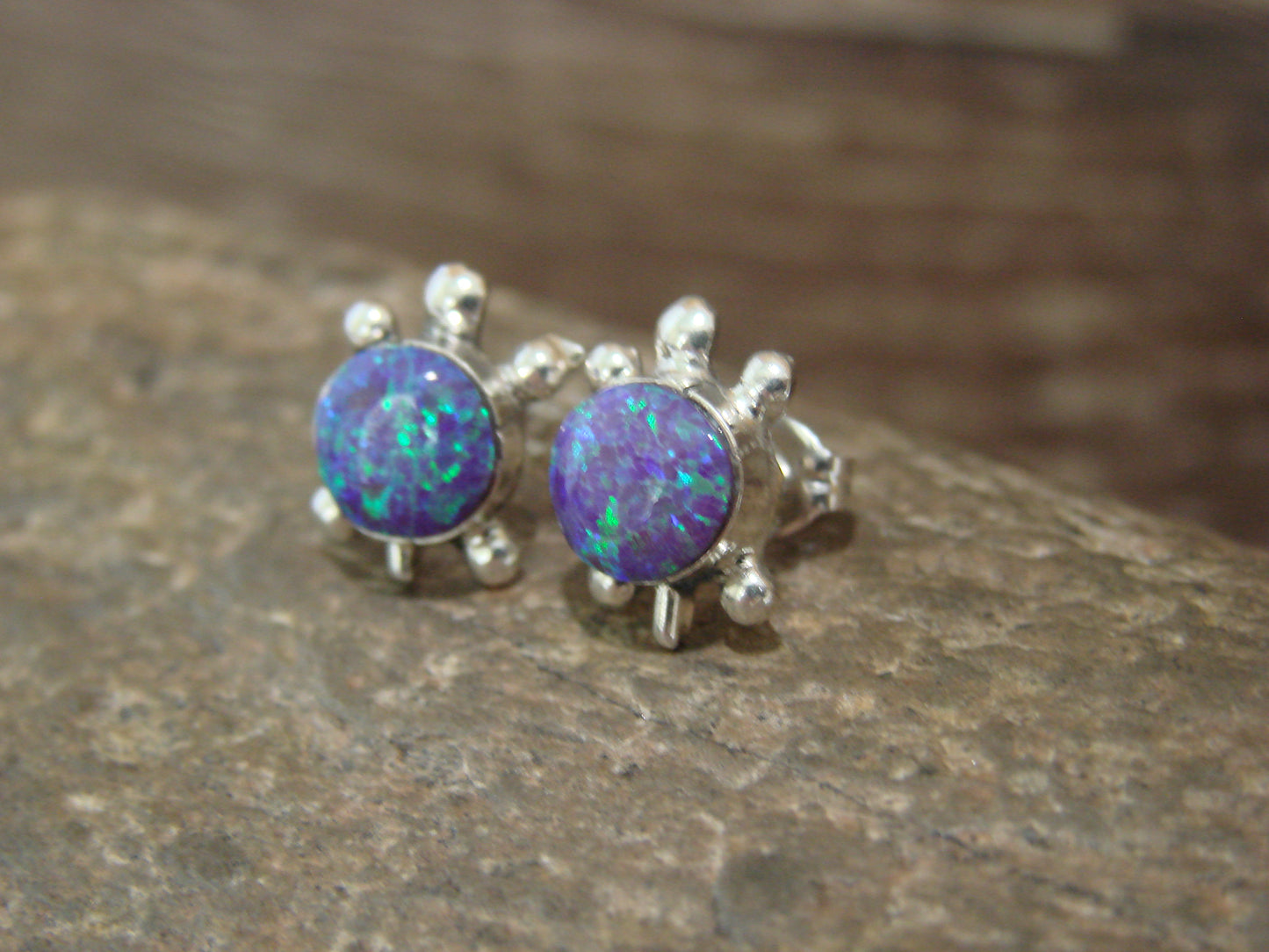 Native American Sterling Silver & Purple Opal Turtle Post Earrings by Siow