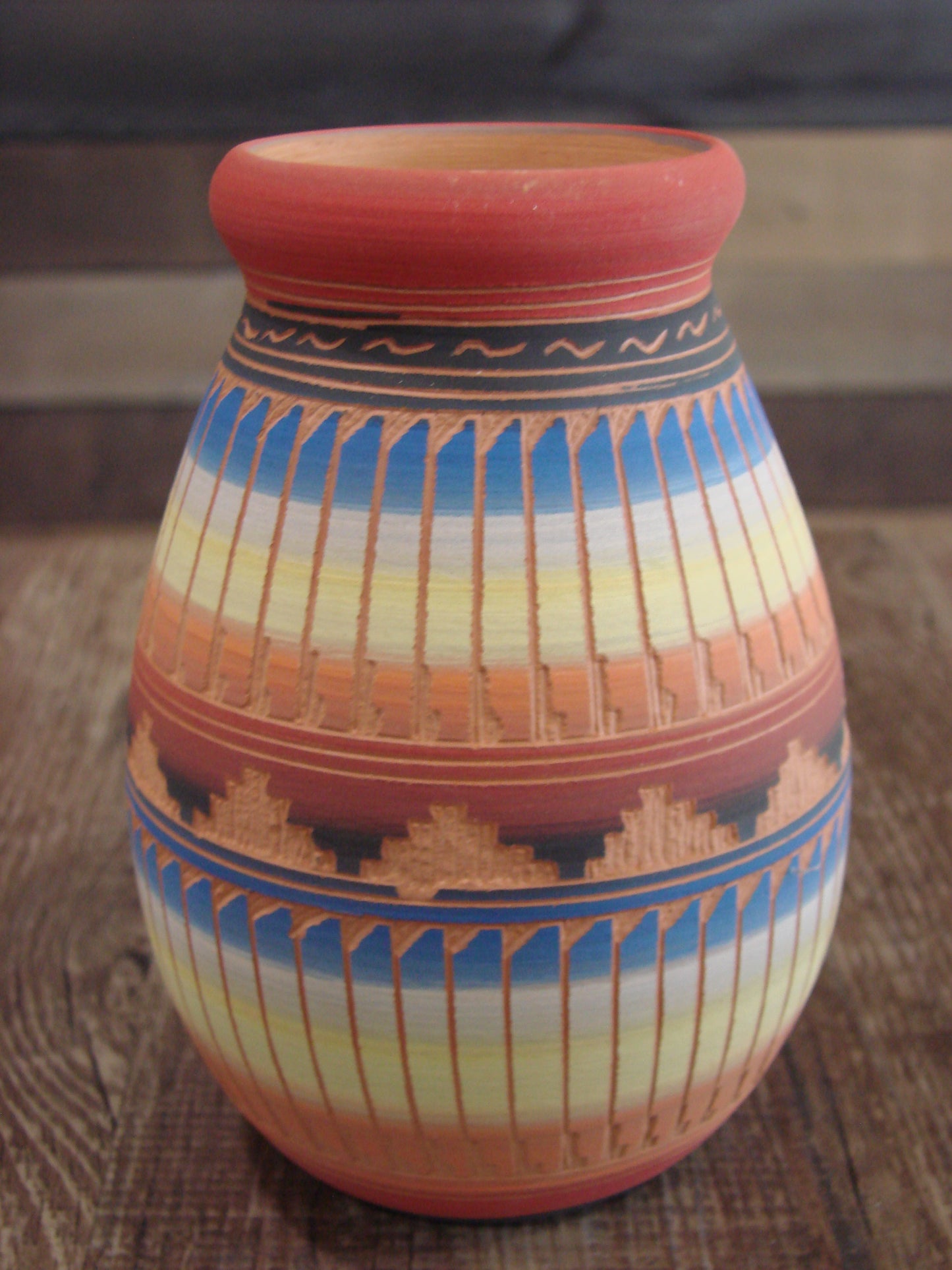 Native American Navajo Indian Hand Etched & Hand Painted Pottery - M. Charlie