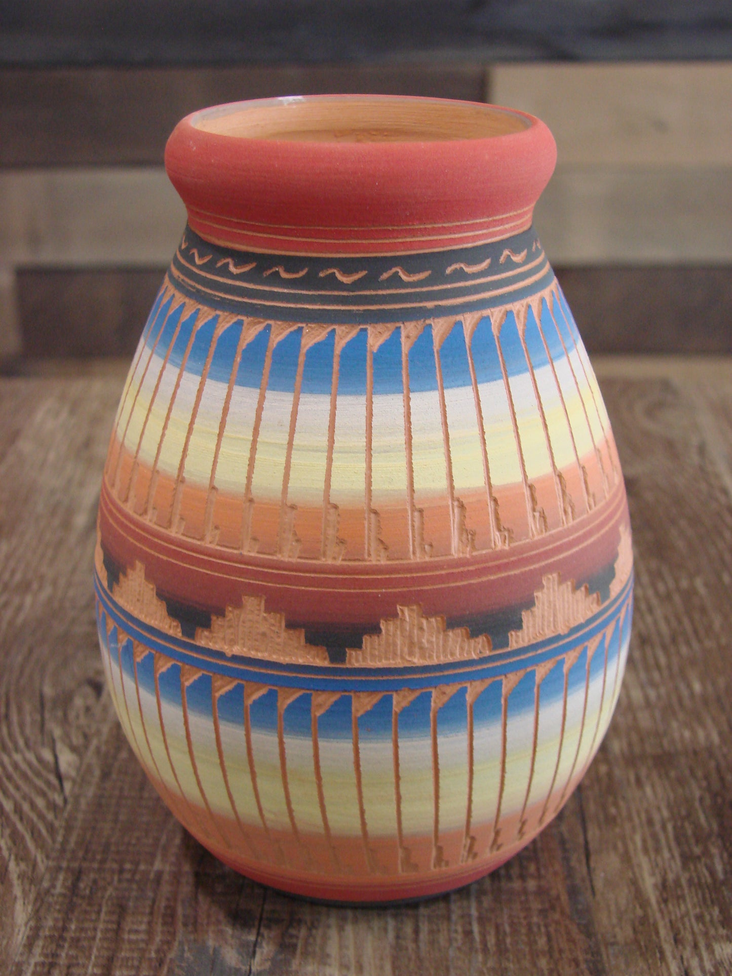 Native American Navajo Indian Hand Etched & Hand Painted Pottery - M. Charlie