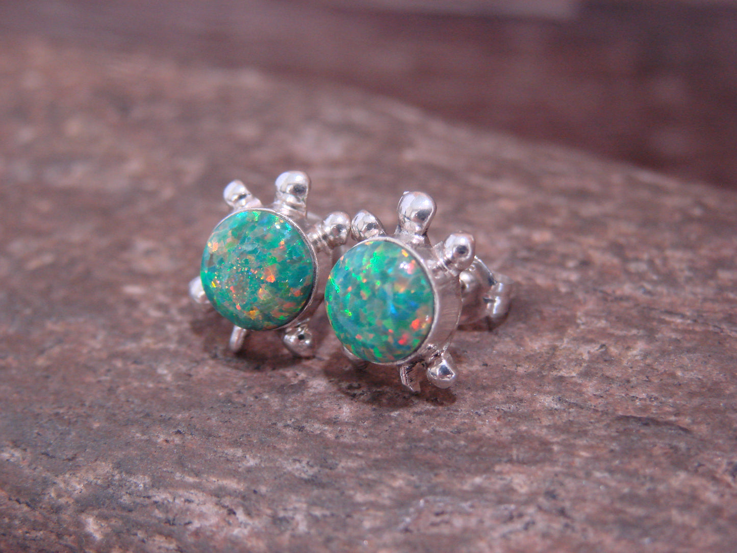 Native American Sterling Silver & Green Opal Turtle Post Earrings by Siow