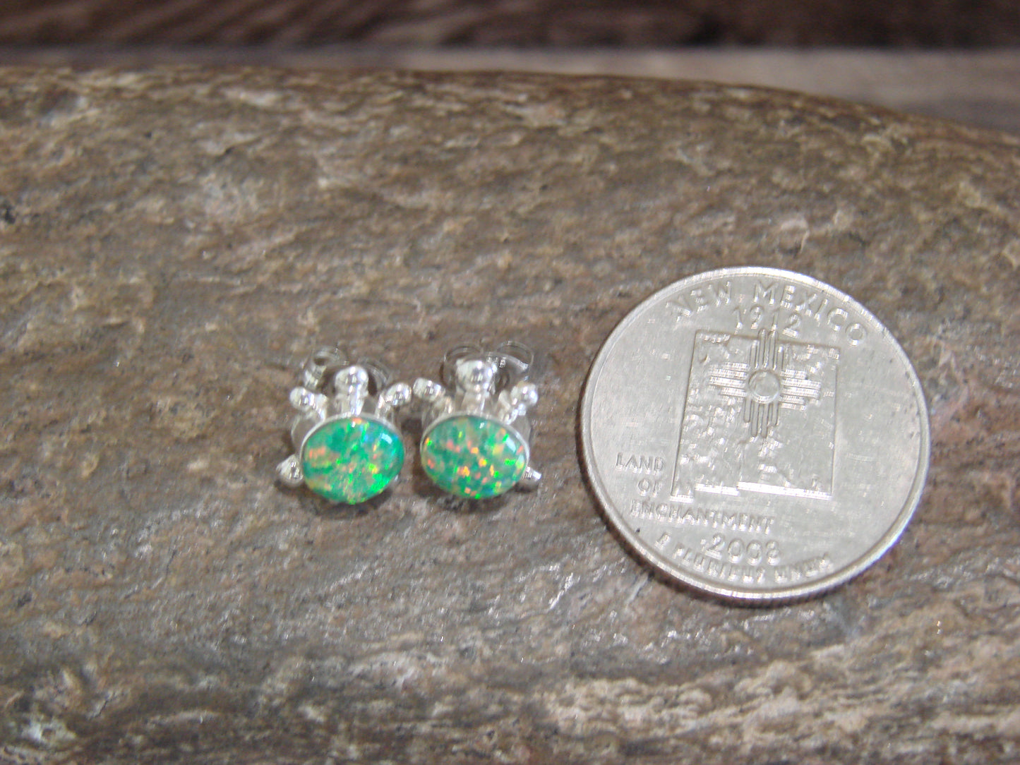 Native American Sterling Silver & Green Opal Turtle Post Earrings by Siow