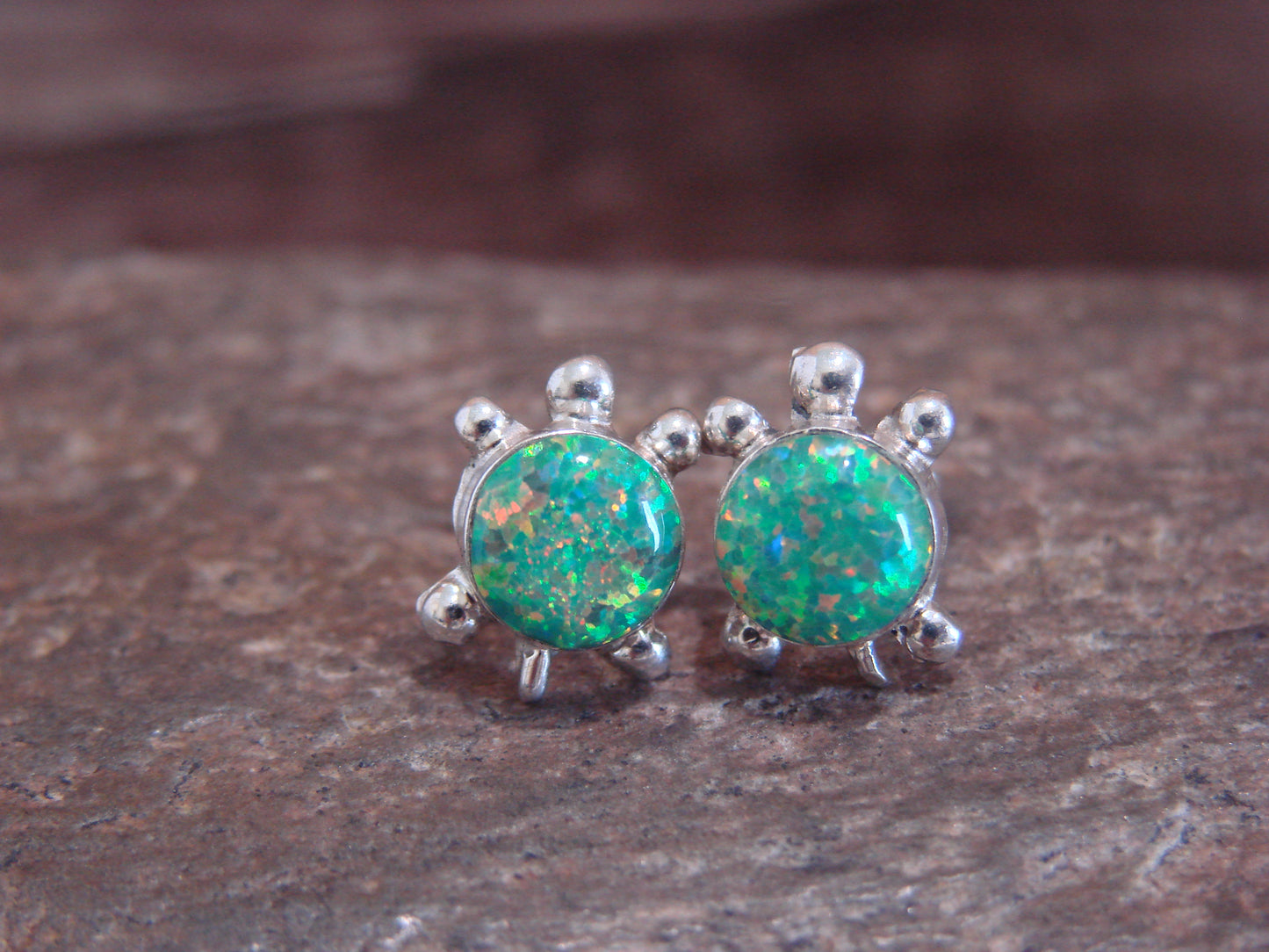 Native American Sterling Silver & Green Opal Turtle Post Earrings by Siow