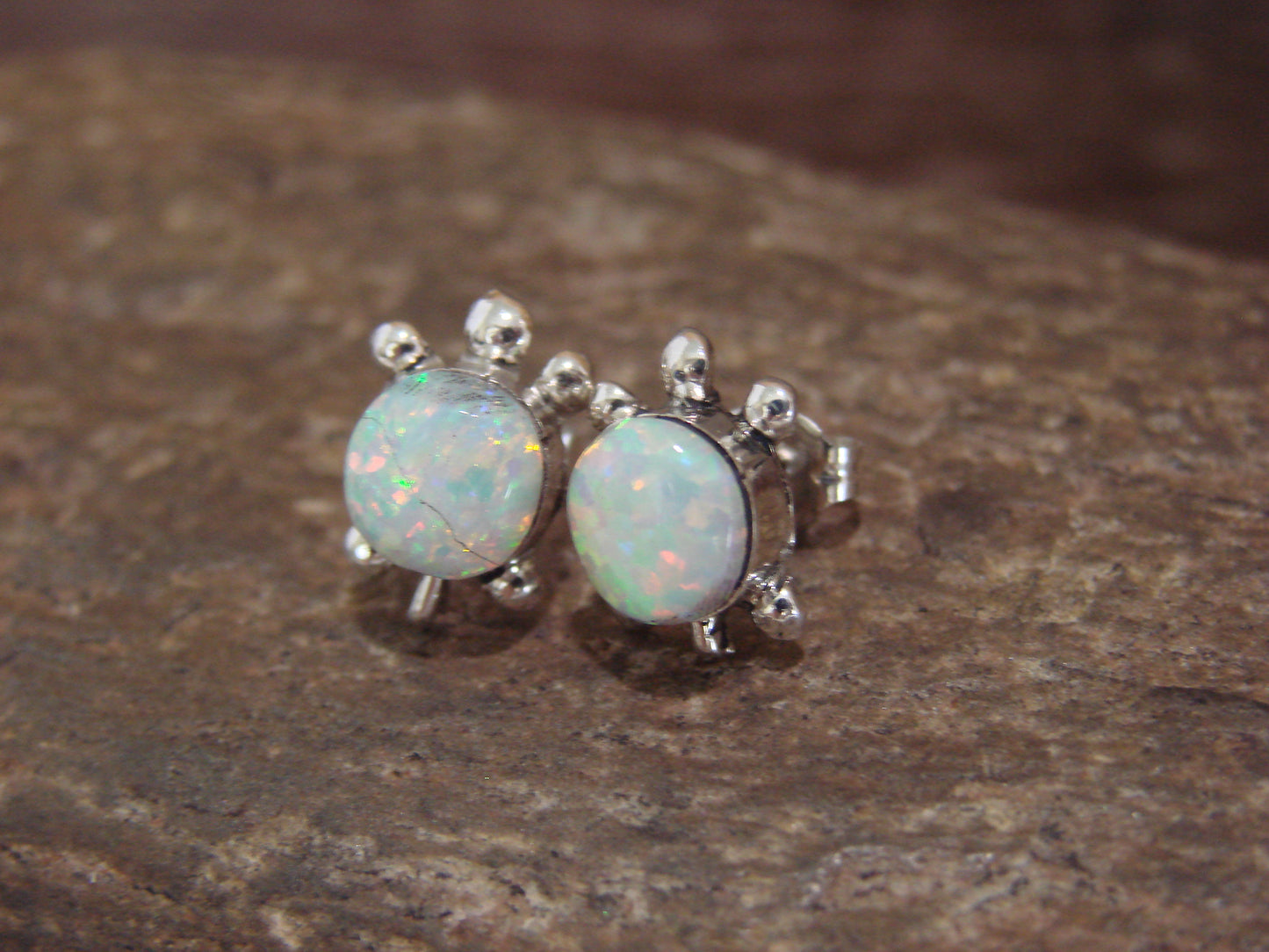 Native American Sterling Silver & White Opal Turtle Post Earrings by Siow