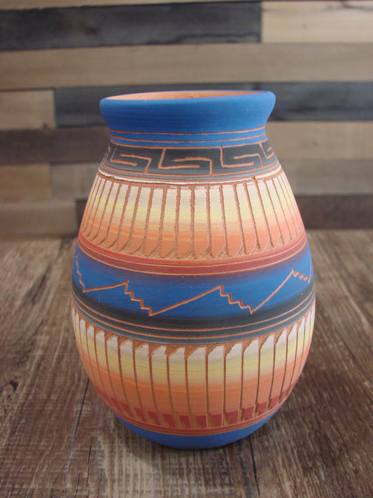 Native American Navajo Indian Hand Etched & Hand Painted Pottery - M. Charlie
