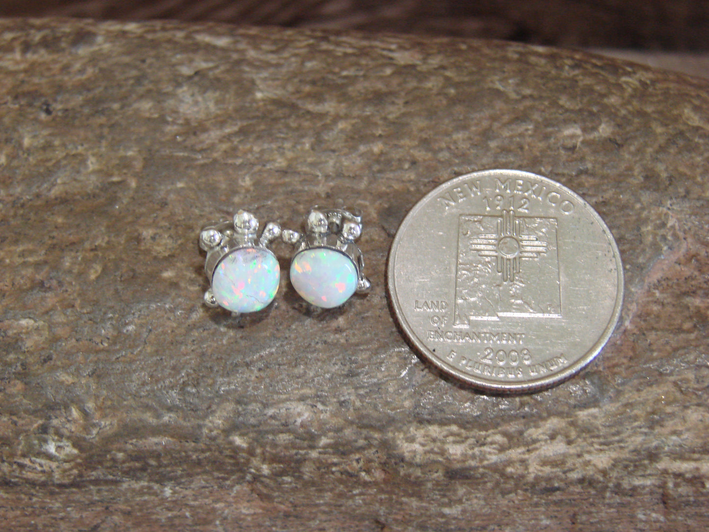 Native American Sterling Silver & White Opal Turtle Post Earrings by Siow