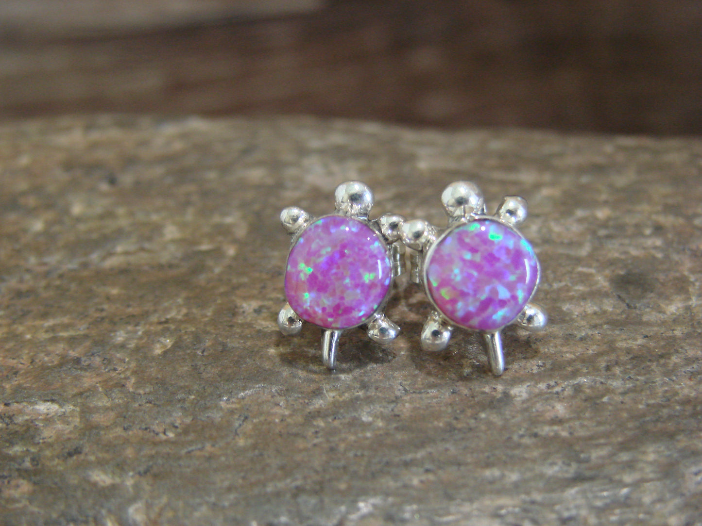 Native American Sterling Silver & Pink Opal Turtle Post Earrings by Siow