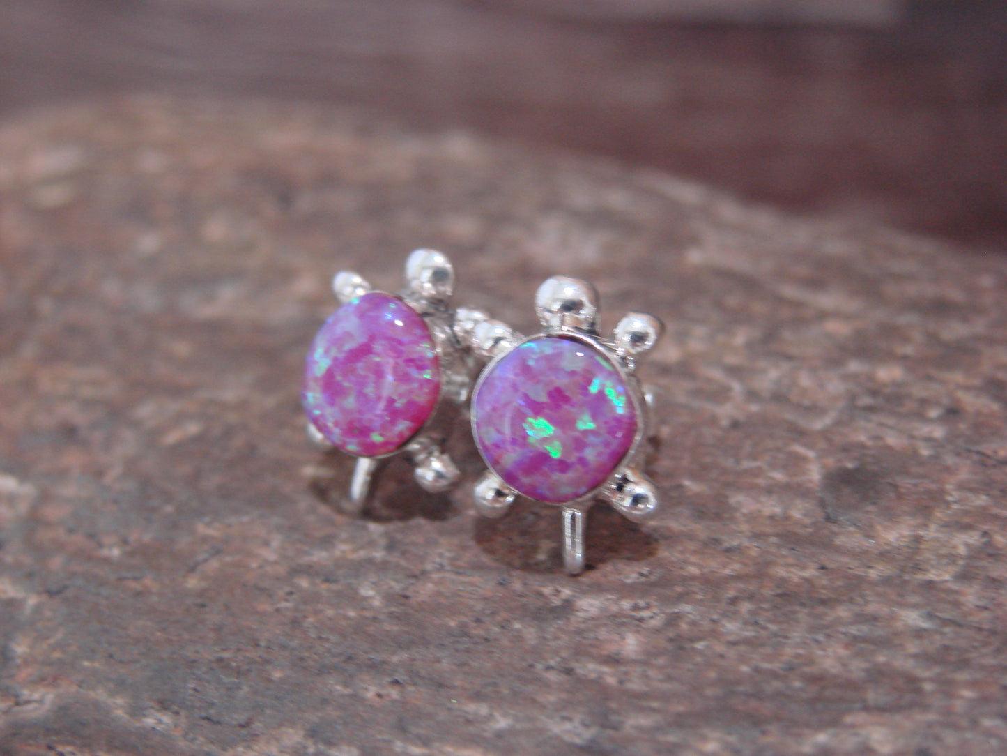 Native American Sterling Silver & Pink Opal Turtle Post Earrings by Siow