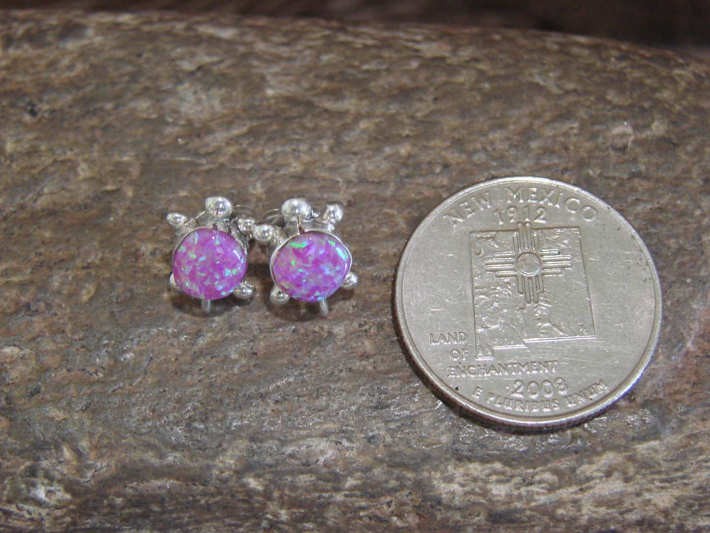 Native American Sterling Silver & Pink Opal Turtle Post Earrings by Siow