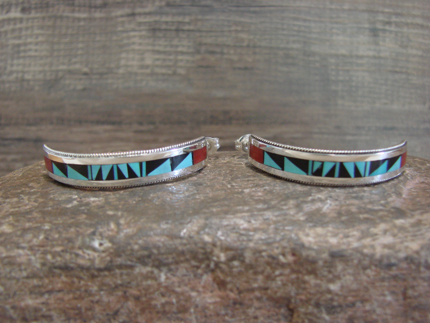 Native American Sterling Silver Multi Stone Inlay Half Hoop Post Earrings by Weahkee