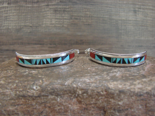 Native American Sterling Silver Multi Stone Inlay Half Hoop Post Earrings by Weahkee