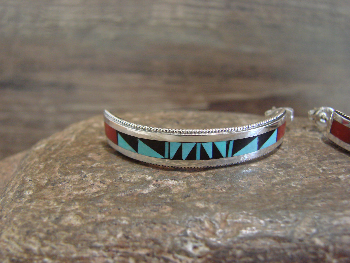 Native American Sterling Silver Multi Stone Inlay Half Hoop Post Earrings by Weahkee