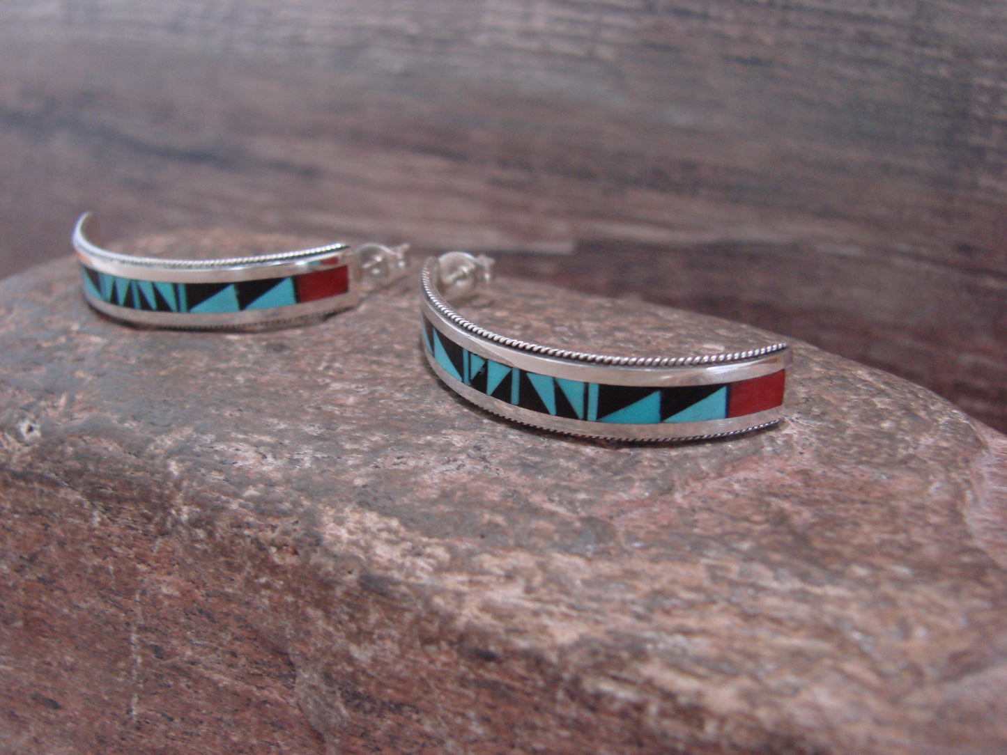 Native American Sterling Silver Multi Stone Inlay Half Hoop Post Earrings by Weahkee