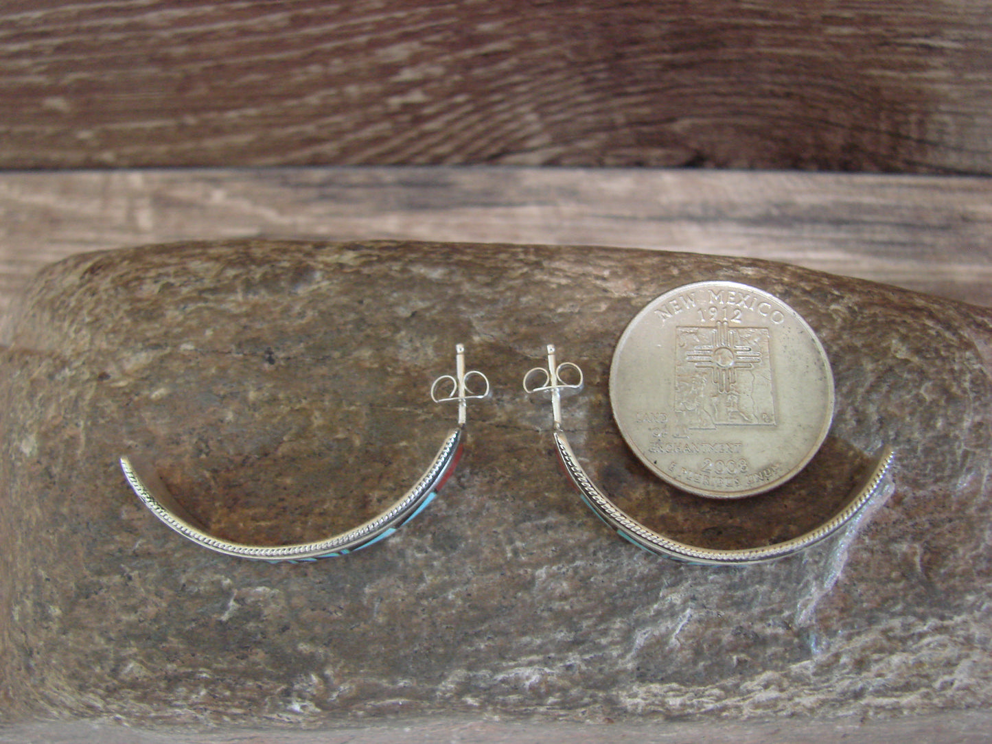 Native American Sterling Silver Multi Stone Inlay Half Hoop Post Earrings by Weahkee