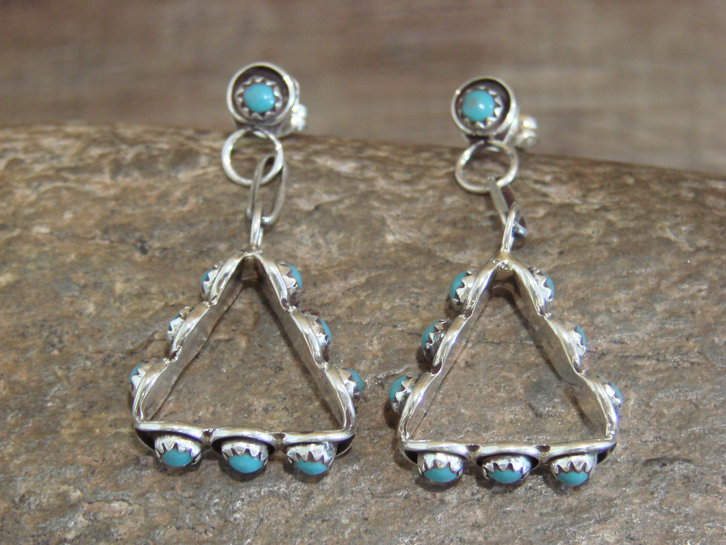 Native American Sterling Silver & Turquoise Post Dangle Earrings - Lonasee