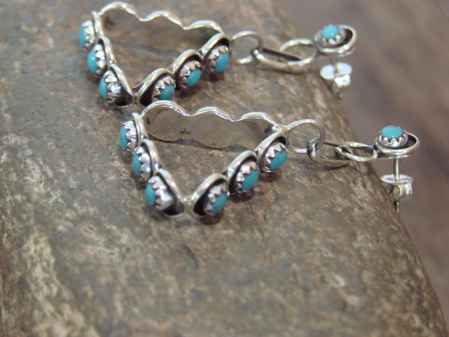 Native American Sterling Silver & Turquoise Post Dangle Earrings - Lonasee