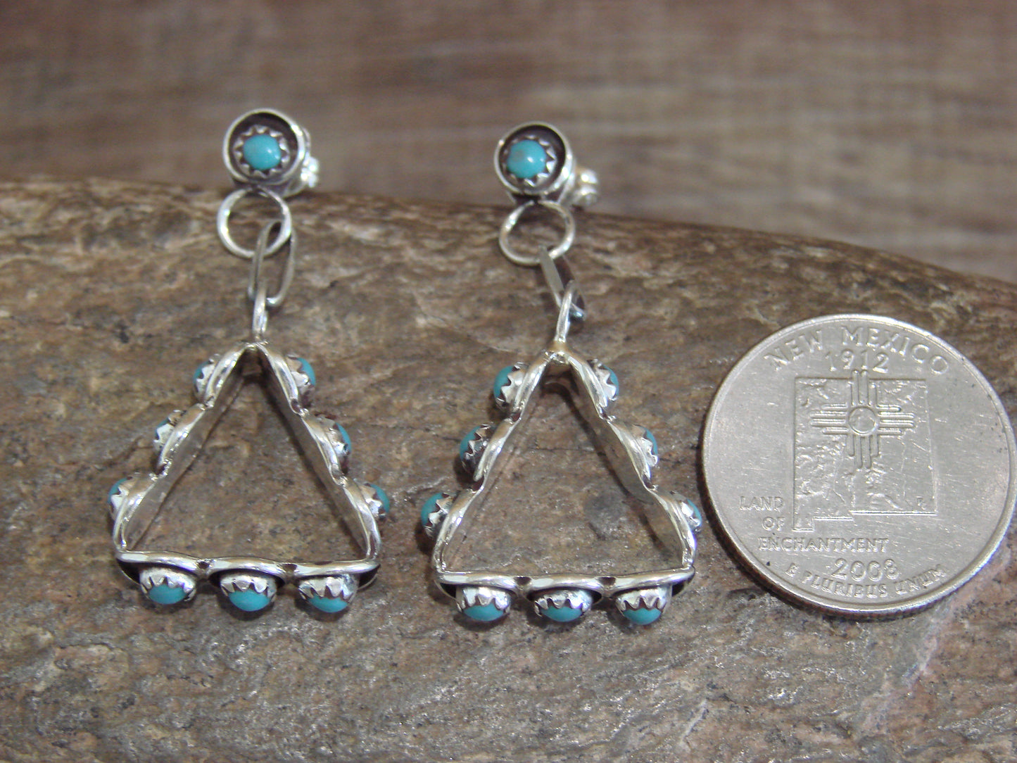 Native American Sterling Silver & Turquoise Post Dangle Earrings - Lonasee
