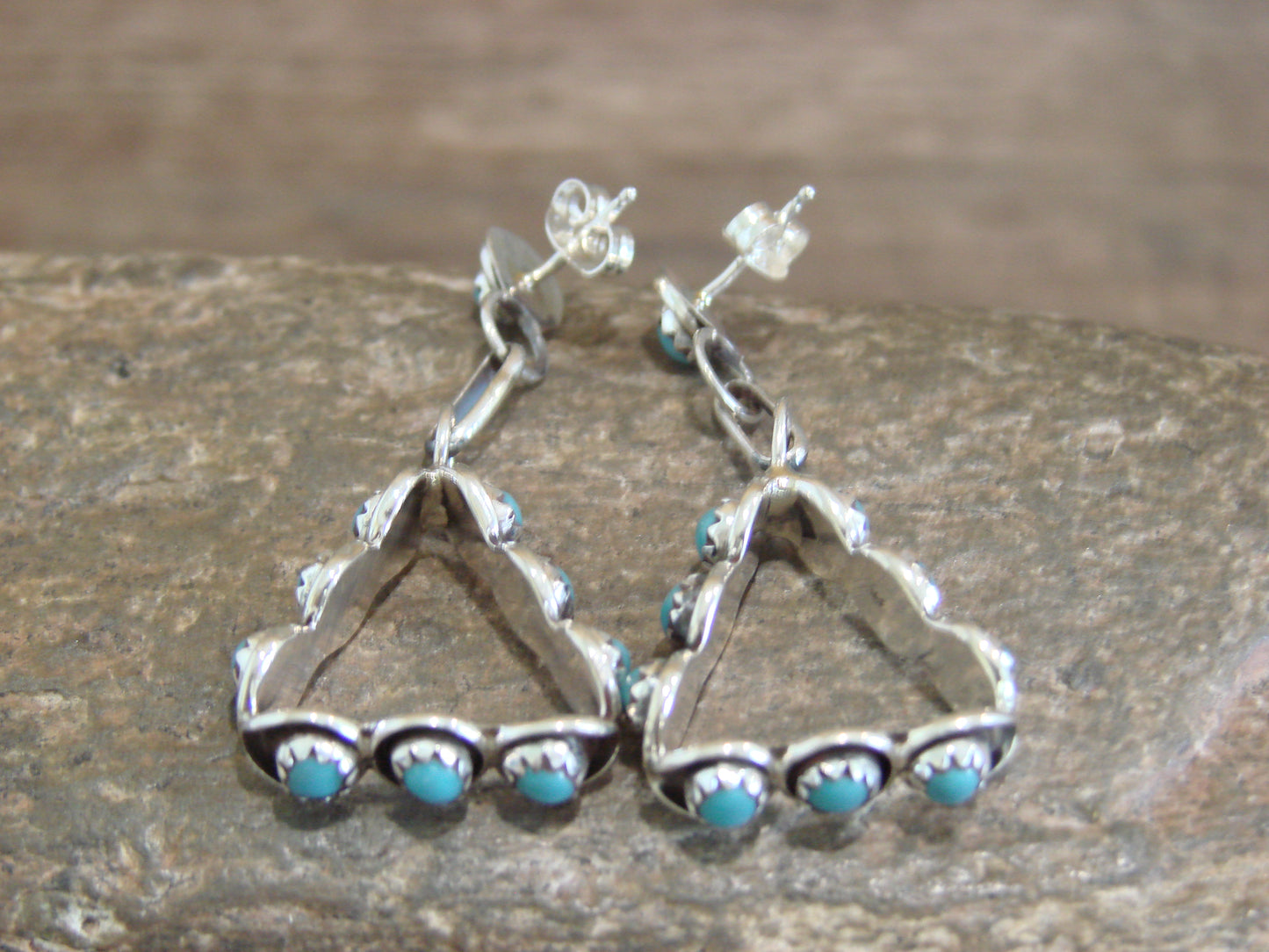 Native American Sterling Silver & Turquoise Post Dangle Earrings - Lonasee