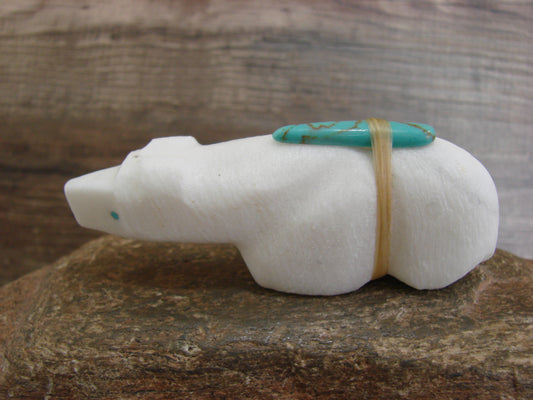 Native American Zuni Hand Carved White Marble Bear Fetish by Halate