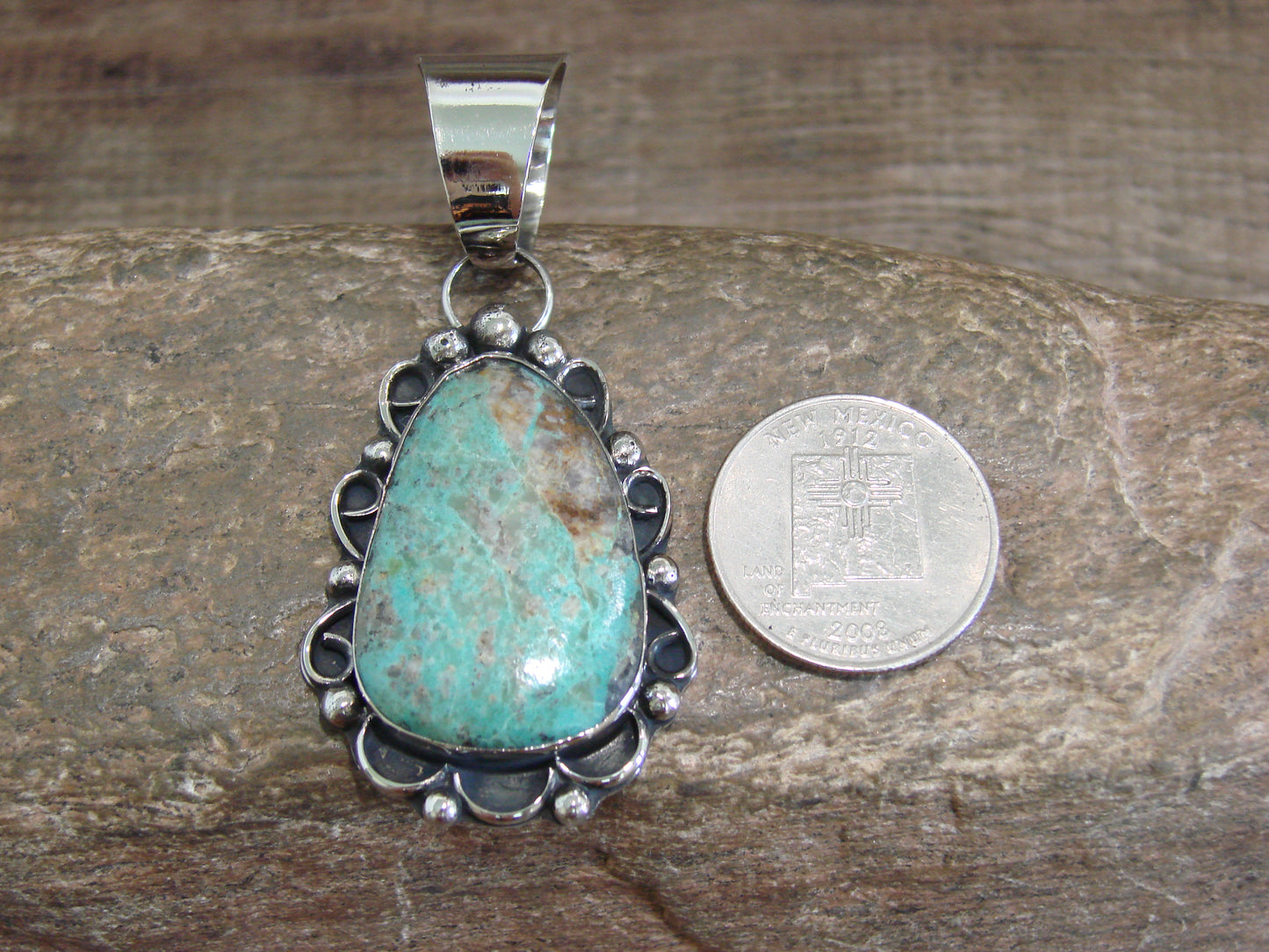 Native American Nickel Silver & Turquoise Pendant - Cleveland