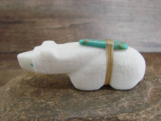Native American Zuni Hand Carved White Marble Bear Fetish by Halate
