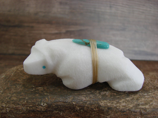 Native American Zuni Hand Carved White Marble Bear Fetish by Halate