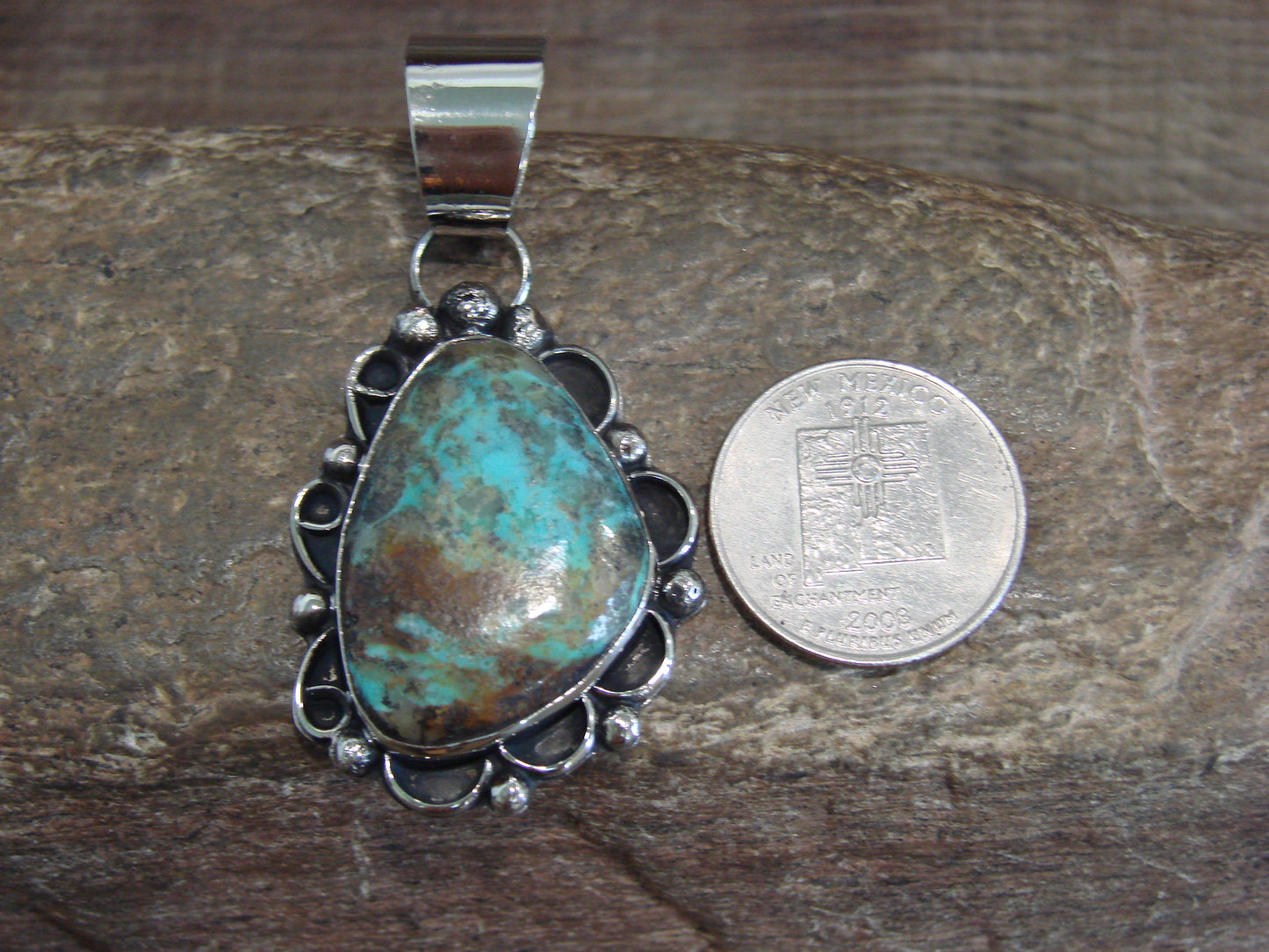 Native American Nickel Silver & Turquoise Pendant - Cleveland