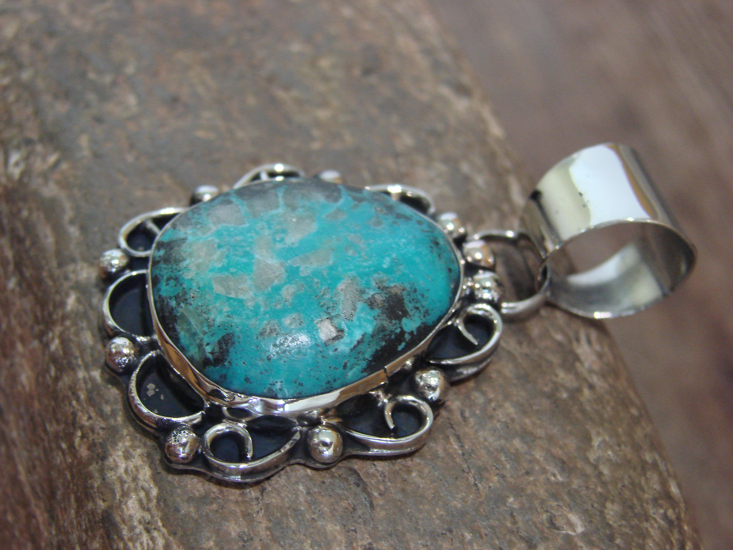 Native American Nickel Silver & Turquoise Pendant - Cleveland