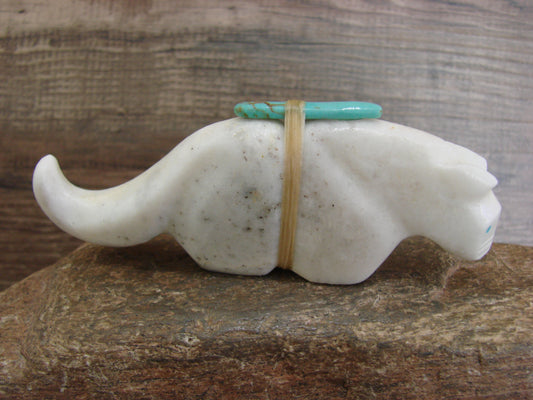 Native American Hand Carved White Marble Mountain Lion Fetish by Halate