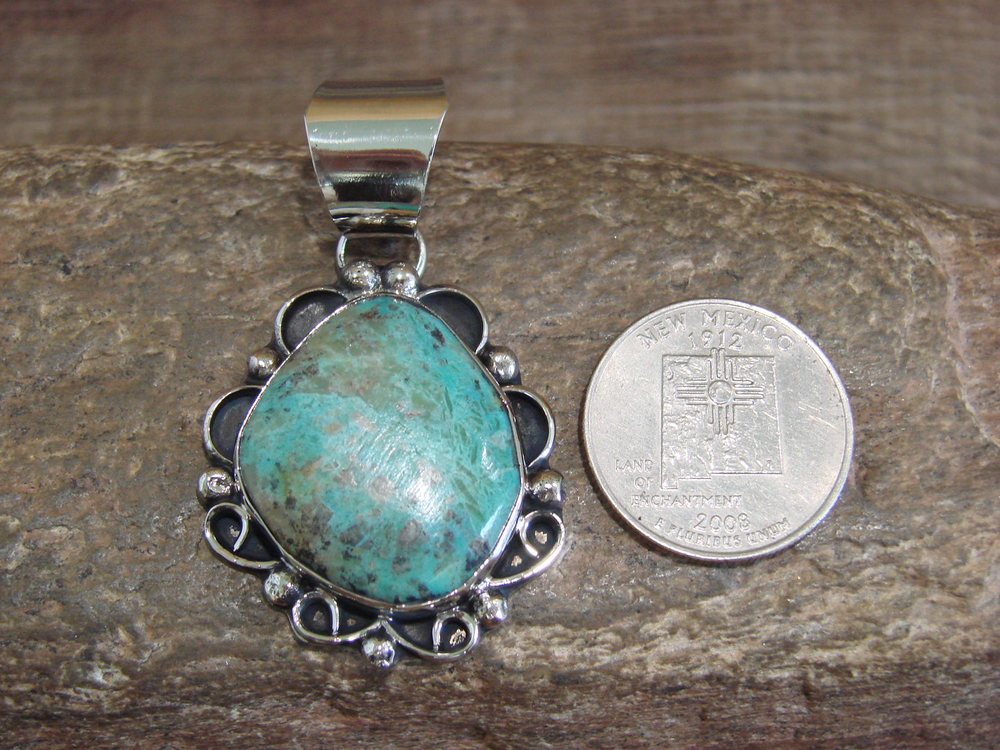 Native American Nickel Silver & Turquoise Pendant - Cleveland