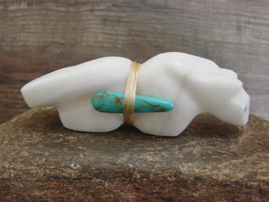 Native American Hand Carved White Marble Mountain Lion Fetish by Halate