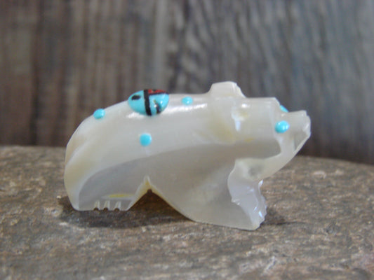 Native American Zuni Indian Hand Carved Mother of Pearl Bear Fetish- Latte