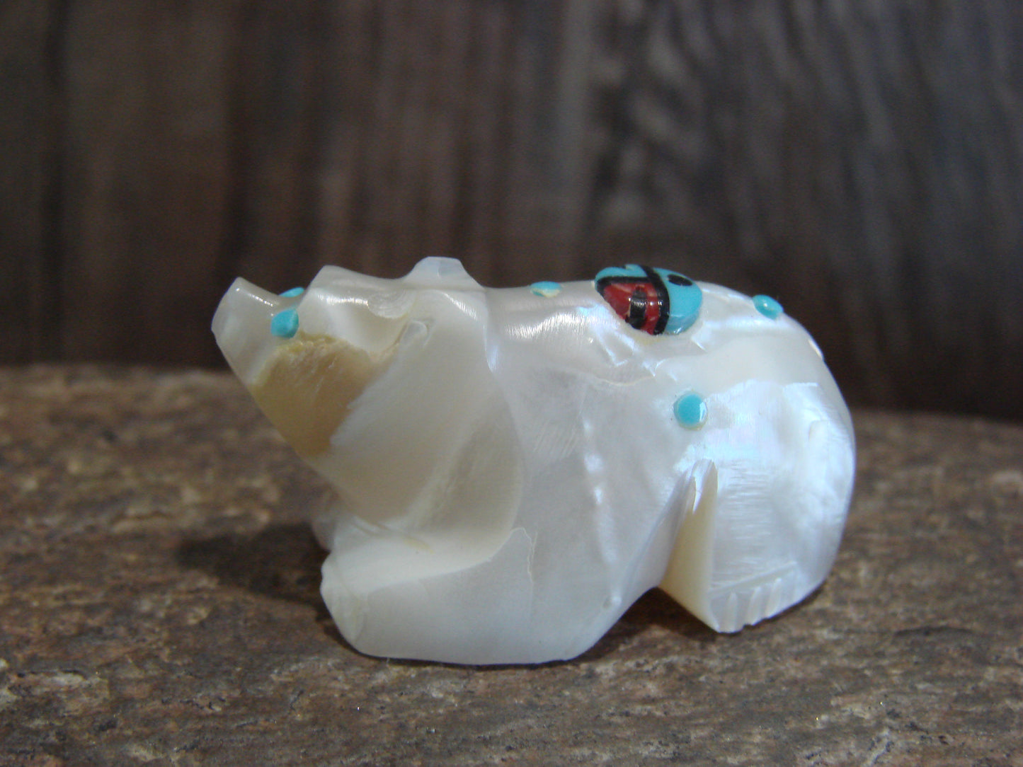 Native American Zuni Indian Hand Carved Mother of Pearl Bear Fetish- Latte