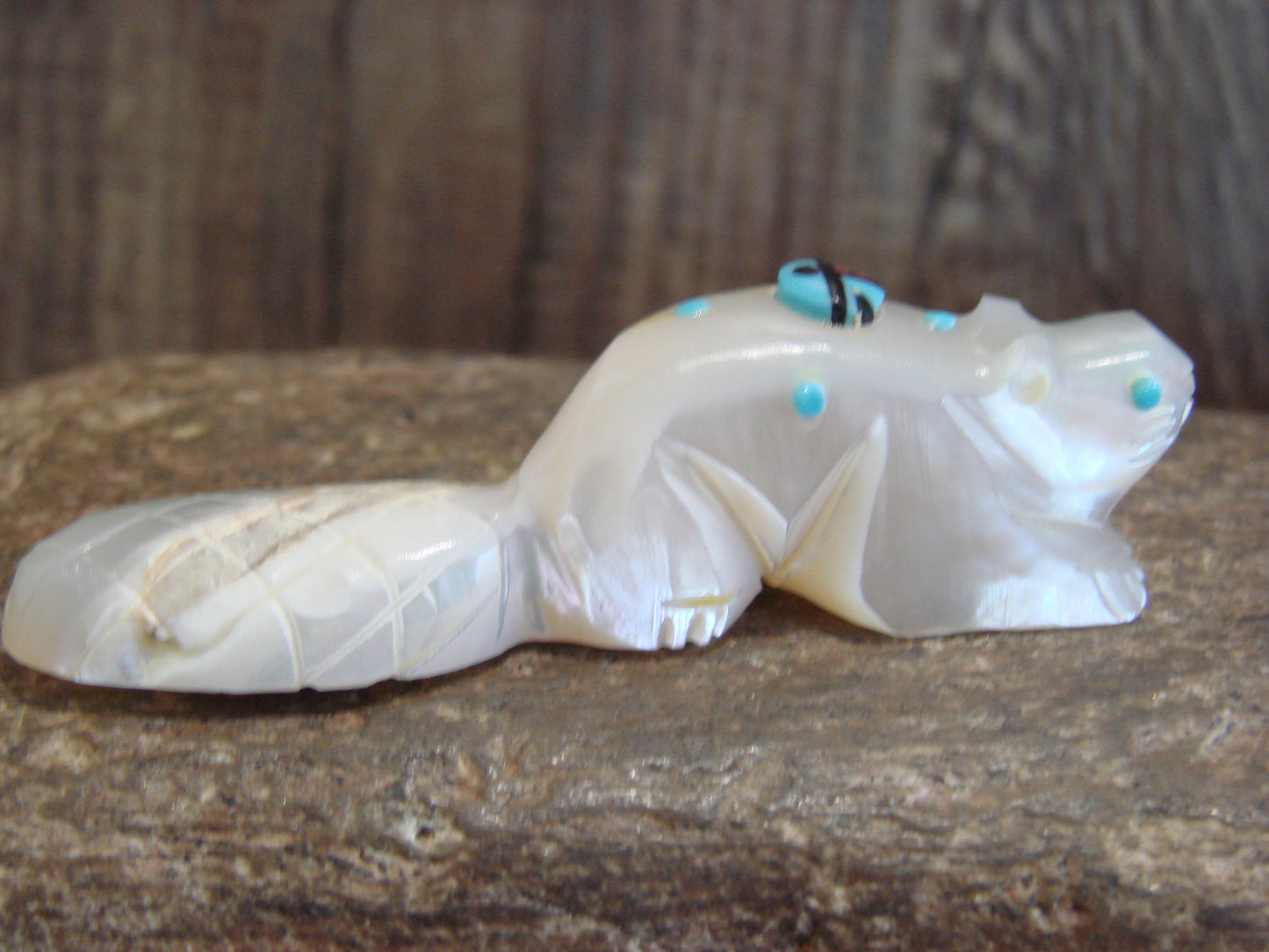 Native American Zuni Indian Hand Carved Mother of Pearl Beaver Fetish- Latte