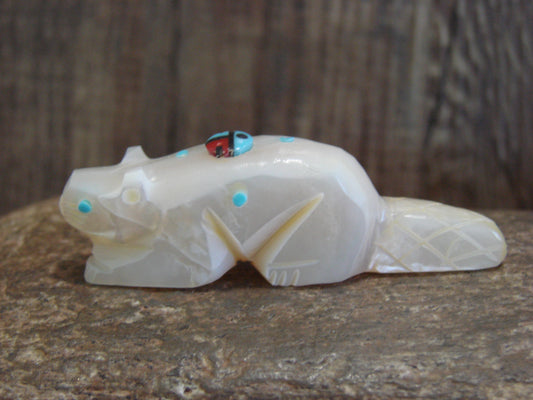 Native American Zuni Indian Hand Carved Mother of Pearl Beaver Fetish- Latte