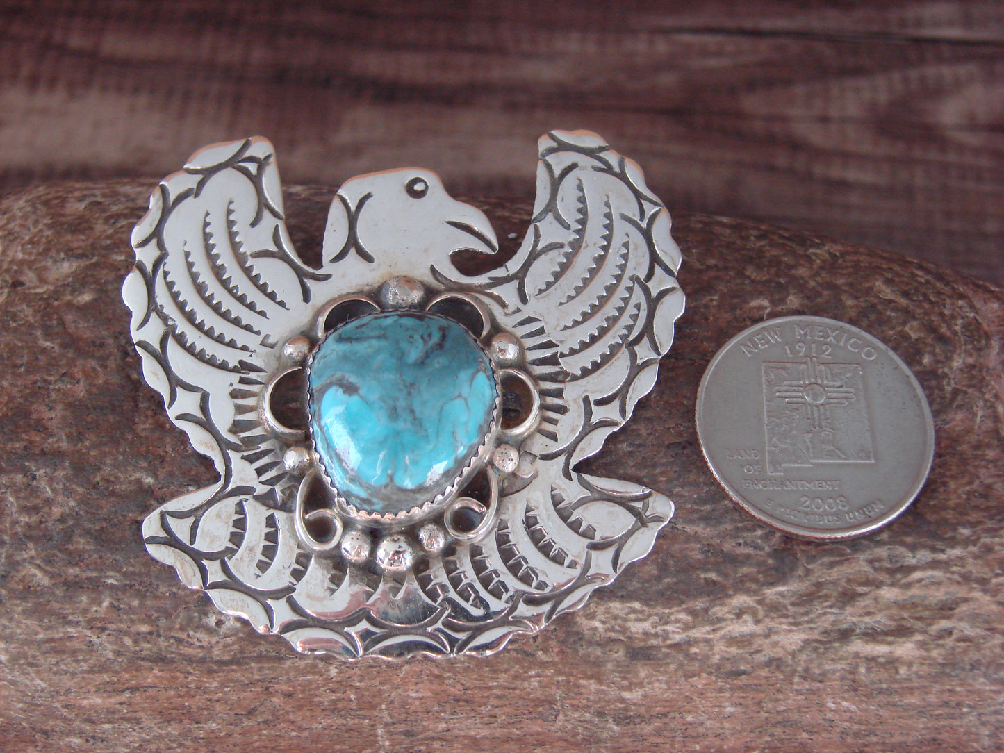 Navajo Indian Sterling Silver & Turquoise Eagle Pin Pendant - Cleveland