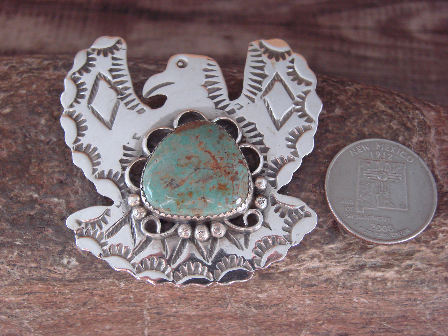 Navajo Indian Sterling Silver & Turquoise Eagle Pin Pendant - Cleveland