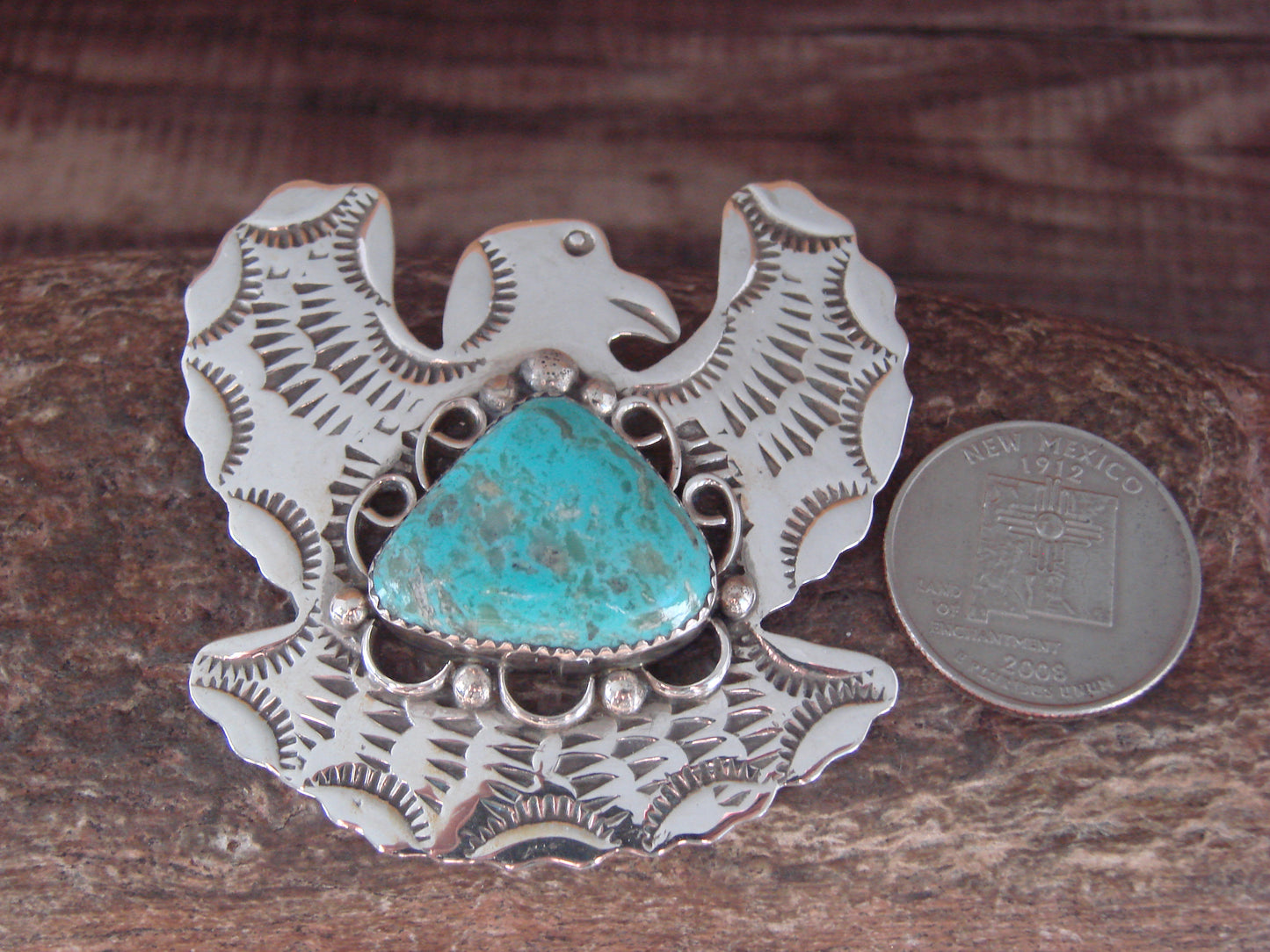 Navajo Indian Sterling Silver & Turquoise Eagle Pin Pendant - Cleveland