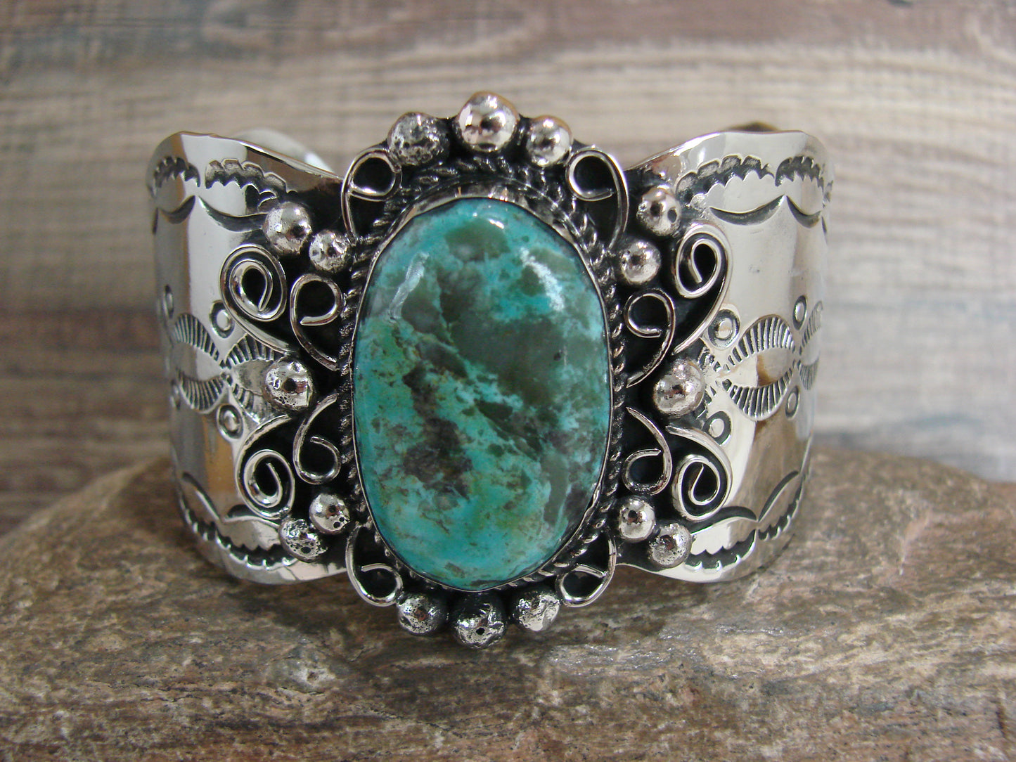 Navajo Indian Nickel Silver & Turquoise Bracelet by Cleveland