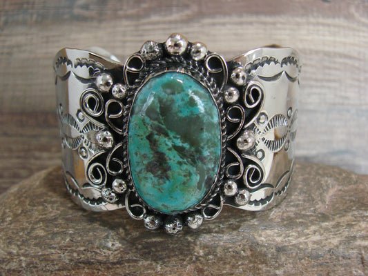 Navajo Indian Nickel Silver & Turquoise Bracelet by Cleveland