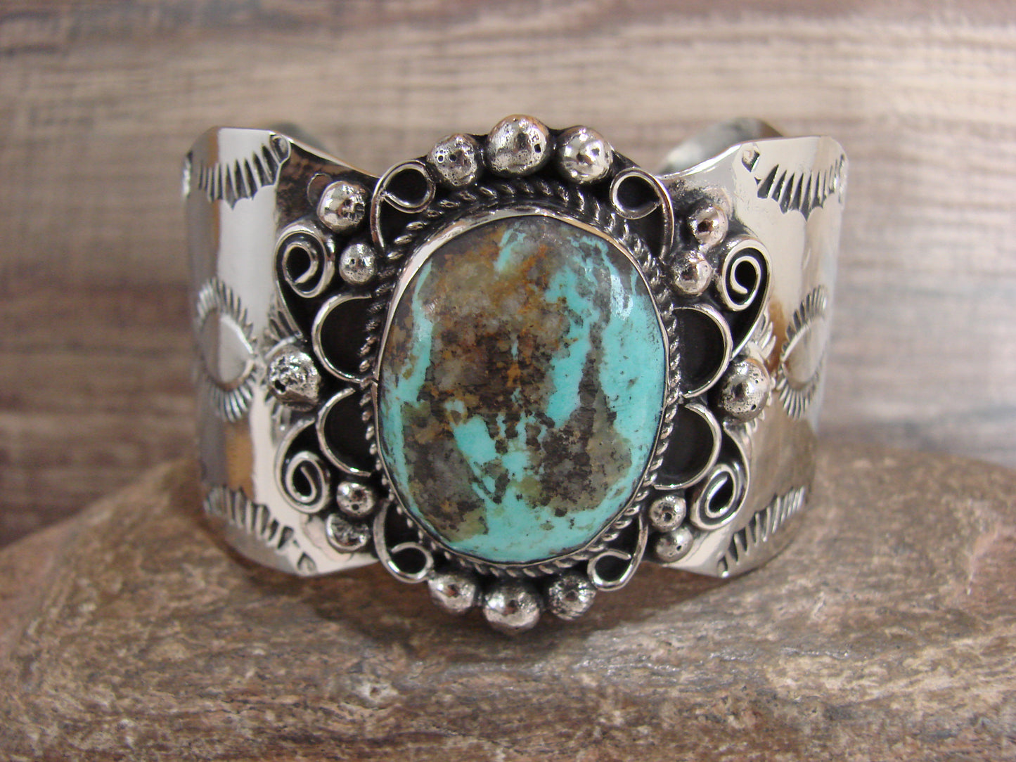 Navajo Indian Nickel Silver & Turquoise Bracelet by Cleveland