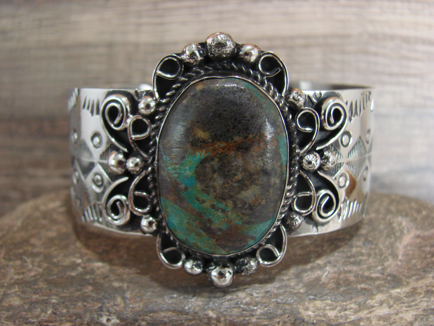 Navajo Indian Nickel Silver & Turquoise Bracelet by Cleveland